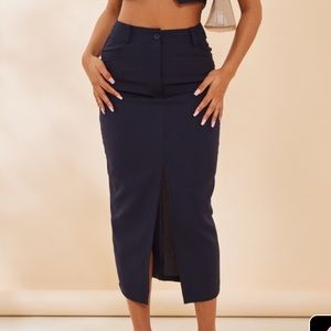 Navy Woven Split Hem Midi Skirt from PLT - BRAND NEW